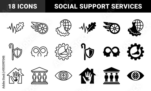 Hybrid conceptual symbols merging healthcare and social support themes featuring organic leaf pulse and prosthetic gear with infinity mind and guardian shield
