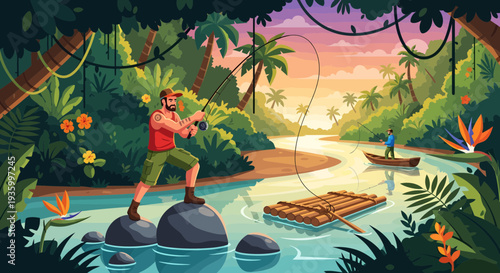 Man fishing in a tropical river with a raft nearby.