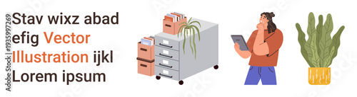 Office management, workplace productivity, organization, creative thinking, workspace arrangement, stationary. File cabinets, a person with a tablet and a potted plant. Office management