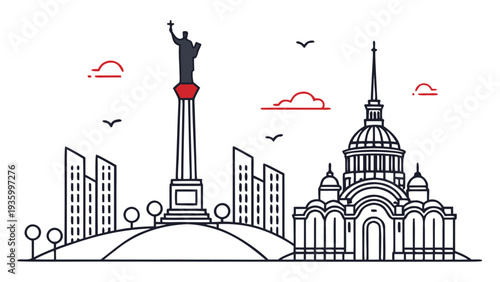 Minimal of Kyiv skyline with Motherland Monument black and white