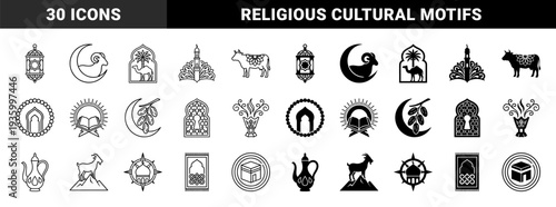 Islamic cultural symbol set featuring hybrid religious motifs with integrated silhouettes including crescent ram moon and mosque architecture elements in dual stroke style