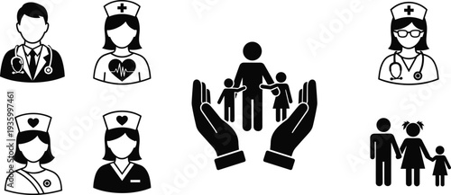 Doctor nurse and family care silhouette icons healthcare medical support hospital staff protection people health service vector collection