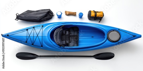 Blue kayak with waterproof gear, isolated on white background, suitable for travel, sports, and adventure gear promotions 