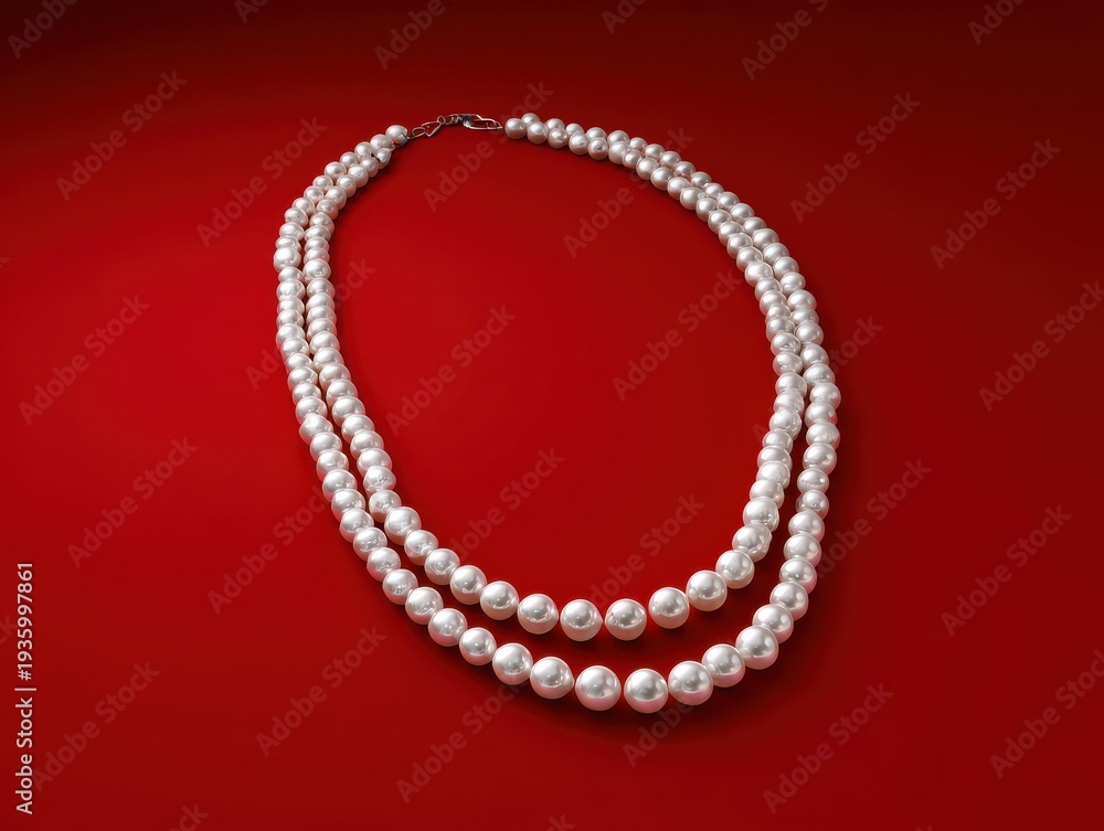 Obraz premium white pearl necklace isolated on a red background