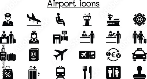 Airport icons collection with airplane, pilot, boarding pass, passport, luggage, taxi, control tower and travel service symbols for aviation and transportation design