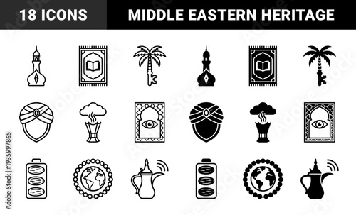 Cultural hybrid symbols merging traditional middle eastern elements with modern conceptual metaphors featuring desert landscape palm tree key and prayer rug book