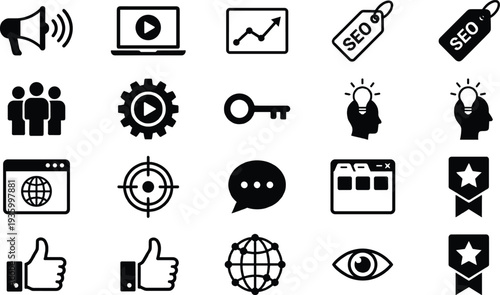 Digital marketing and SEO icons collection featuring analytics growth, target audience, media play, search optimization, global network and business strategy symbols