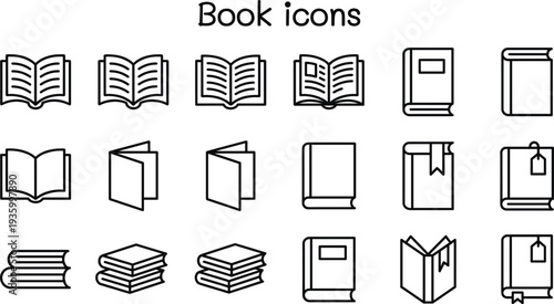Book icons collection featuring open book, stacked books, bookmark and library reading symbols in outline style for education, literature and learning design
