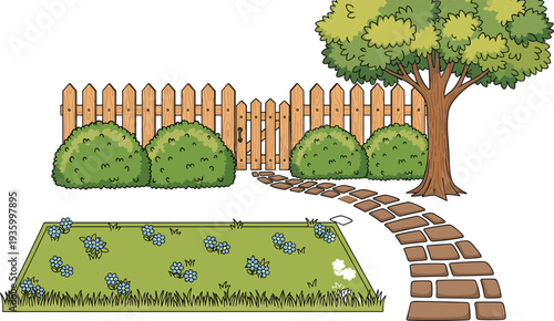Garden landscape illustration with wooden fence tree bushes flower bed stone pathway backyard nature park greenery vector cartoon outdoor design