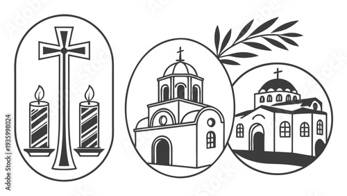 Greek religious including cross candles church buildings and olive branch