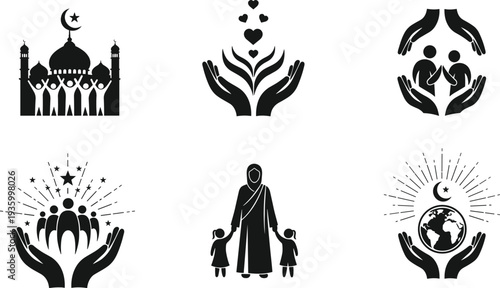 Islamic charity and humanitarian aid icons set mosque family care community support zakat ramadan donation muslim help silhouette vector collection