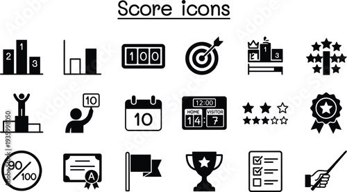 Score icons collection featuring rating stars, scoreboard, trophy, target, percentage and evaluation symbols for performance measurement, competition results and feedback design