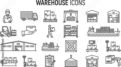 Warehouse icons collection featuring logistics, cargo shipping, storage boxes, forklift, delivery truck and container symbols for supply chain, transportation and distribution design