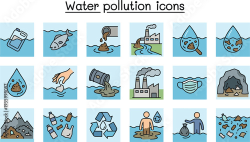 Water pollution icons collection showing contaminated water, plastic waste, factory discharge, dirty river, recycling and environmental protection symbols for ecology awareness design