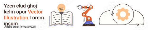 Education, technology, automation, cloud computing, robotics, knowledge sharing. Open book, lightbulb robotic arm and gear in cloud. Education and technology concept