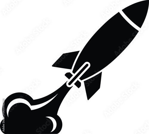 Bold graphic silhouette of a launching rocket, resembling a fast-moving missile ascending rapidly