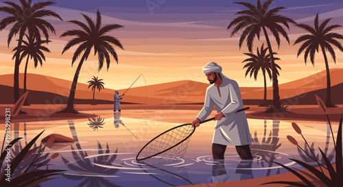 Man fishing in shallow water with net at sunset.