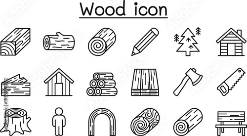 Wood icons collection featuring timber logs, tree, wooden house, axe, saw and lumber symbols in outline style for forestry carpentry and woodworking design