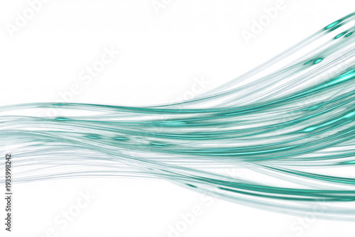 Abstract flowing turquoise light streaks with particles on transparent background