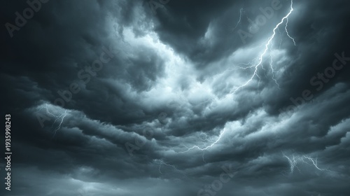 Electrical storm flashes illuminate turbulent dark cumulonimbus cloud formations in the sky