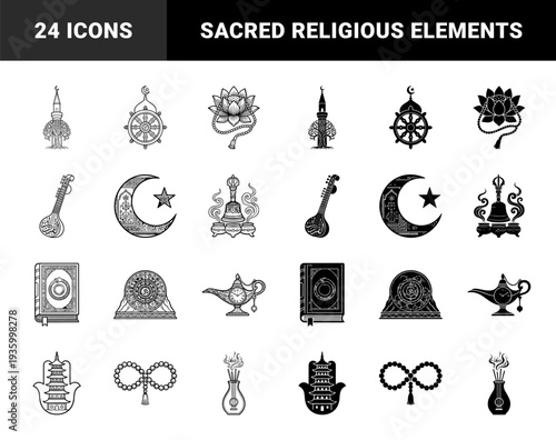 Hybrid cultural and religious symbols featuring integrated spiritual elements such as mosque minarets merged with trees and hamsa hands containing pagodas