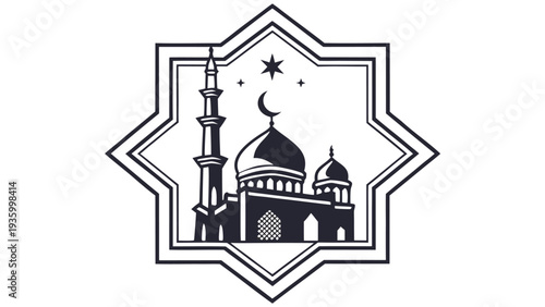 Black silhouette mosque with minaret and domes in star shape frame with crescent moon and stars
