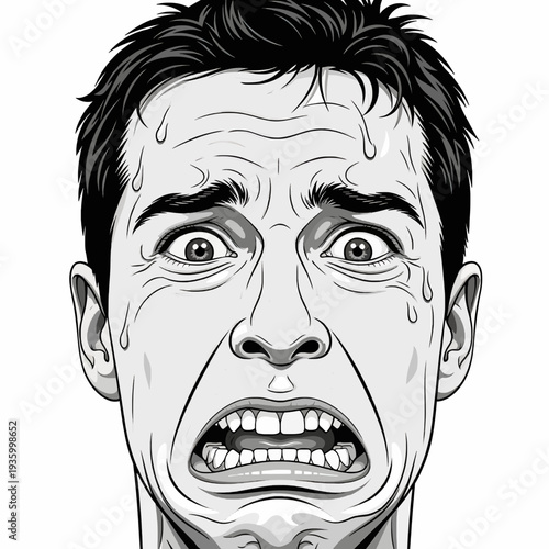 Man experiencing extreme fear and anxiety with sweat and wide eyes.