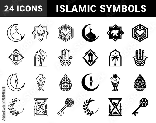Islamic spiritual symbols and cultural artifacts featuring hybrid geometric designs with crescent moon mosque minaret and hamsa hand in outline and solid styles