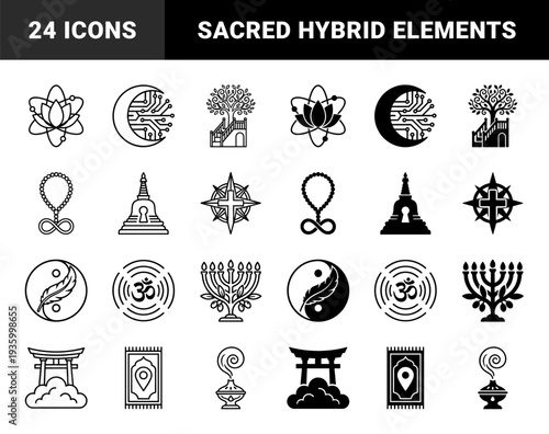 Hybrid Spiritual and Metaphysical Symbols Combining Traditional Religious Icons with Cosmic Elements and Modern Sacred Geometry Path Outlines