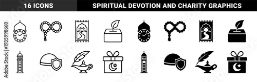 Islamic religious symbols merged with lifestyle concepts featuring prayer rug with path mosque clock and charity box with leaf in outline and solid style