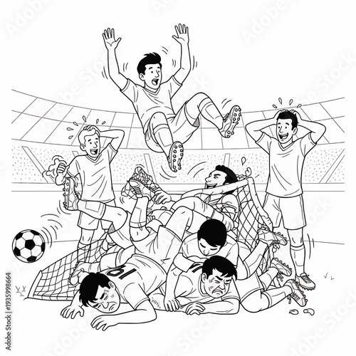 Soccer players celebrating a goal in a stadium.