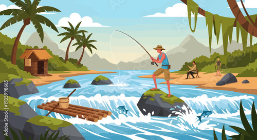 Man fishing on a rock in a river with a bamboo raft.