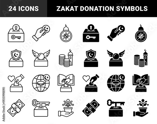 Islamic Charity and Finance Icon Set Featuring Zakat Donations Ramadan Alms and Halal Investment Symbols with Crescent Moon and Mosque Architecture Details