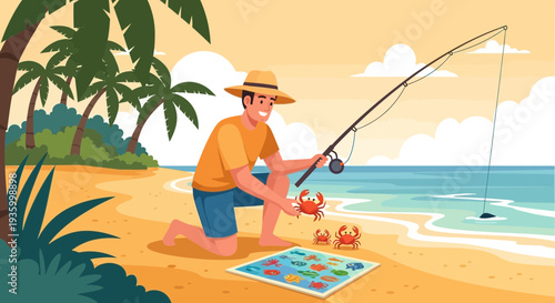 Man fishing on a tropical beach with a game board.
