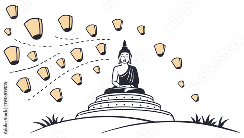 Vesak Day poster with Buddha statue and floating lanterns meditation Buddhism