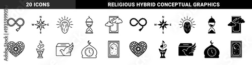 Islamic spiritual hybrid icons merging traditional symbols with modern metaphors featuring prayer beads infinity loop hourglass mosque and ramadan date fruit