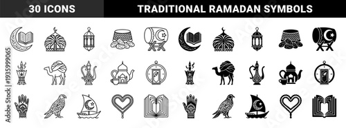 Islamic heritage symbol collection featuring hybrid motifs with crescent moon calligraphy palm tree mosque dome and traditional ramadan lantern elements