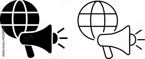 Icons of a loudspeaker and globe together, showing communication and connection in different styles