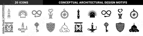 Black and white spiritual hybrid icons featuring mosque dome sunbursts fountain pen minarets hourglass towers and crescent moon compasses in dual stroke and solid styles