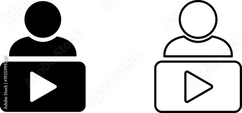 Icons of users with play buttons used for digital media or video content in simple black and white design