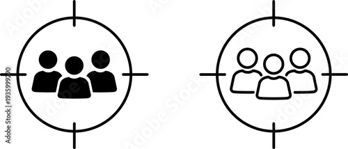 Icon showing a logo with people represented within a target circle for identification or highlighting on a plain background