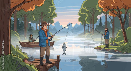 Man fishing on a wooden dock with a caught fish.