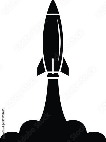 Dynamic black silhouette of a powerful missile launching, symbolizing startup progress and future innovation