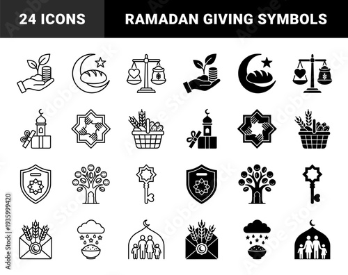 Islamic Charity and Ramadan Giving Hybrid Symbols Featuring Zakat Almal Wheat Scales Crescent Moon Bread and Family Support in Outline and Solid Styles