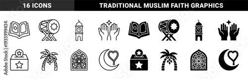 Islamic religious symbols featuring hybrid dual line and solid fill designs with traditional motifs including quran book drum mosque prayer and moon