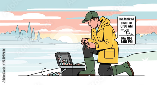 Man fishing on ice with tackle box and tide chart.