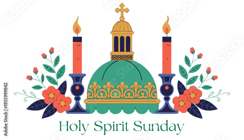 Orthodox church dome with candles and flowers on Holy Spirit Sunday green dome gold accents