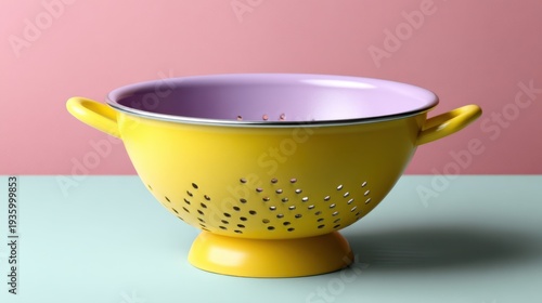 Colorful colander in minimalist style, isolated on pastel background, great for modern home interior and cooking website design 