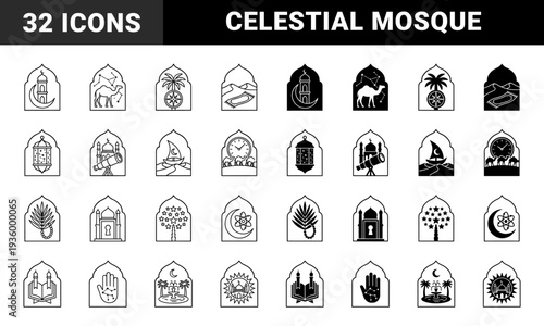 Islamic heritage and celestial astronomy hybrid icons featuring mosque architecture merged with star constellations crescent moon and scientific telescope elements