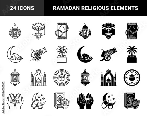 Islamic religious symbols merging traditional ramadan lanterns with mosque silhouettes and celestial crescent moon elements in dual outline and solid style